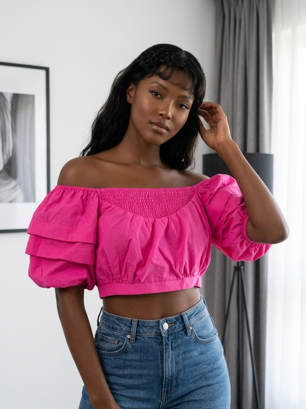 Smocked Off-Shoulder Puff Sleeve Crop Top in Hot Pink
